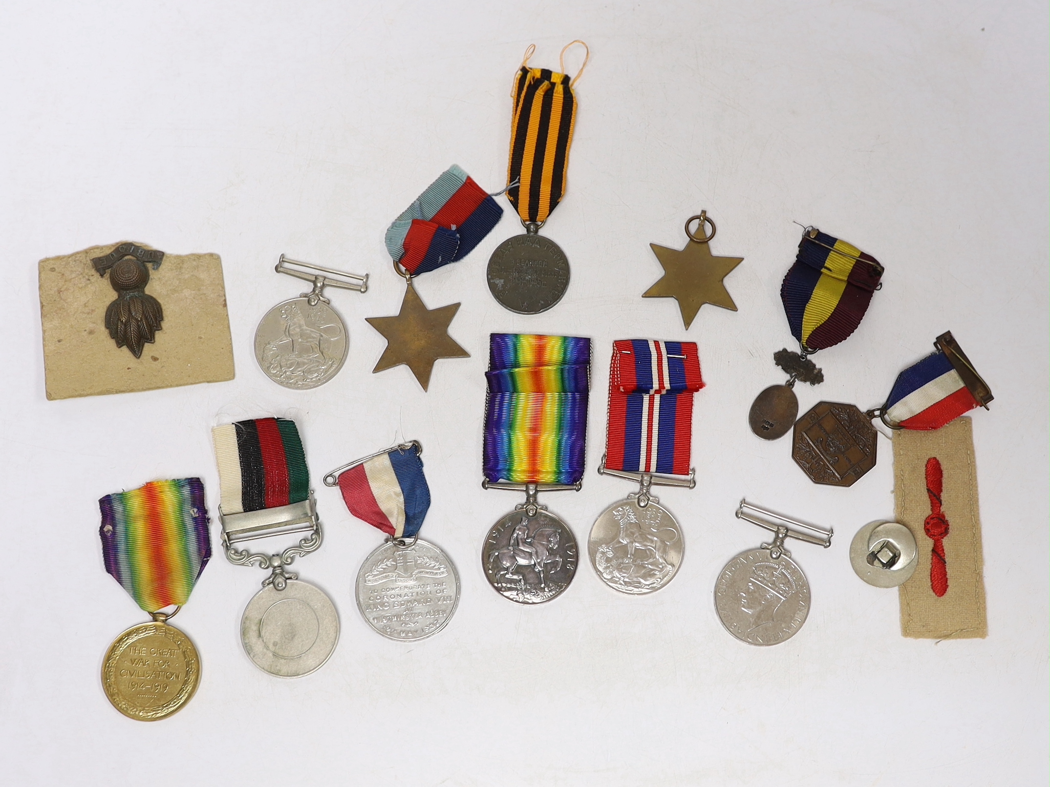 Twelve medals including; a British War Medal, a Victory Medal, three 1939-45 War Medals, two 1939-45 Stars, an Edward VIII Coronation Medal, a Soviet Stalin Victory medal, a Pakistan General Service Medal, a George VI Co